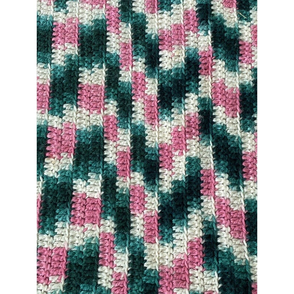 Vintage Handmade Crocheted Cotton Afghan Throw Blanket Pink And Green - Picture 2 of 2